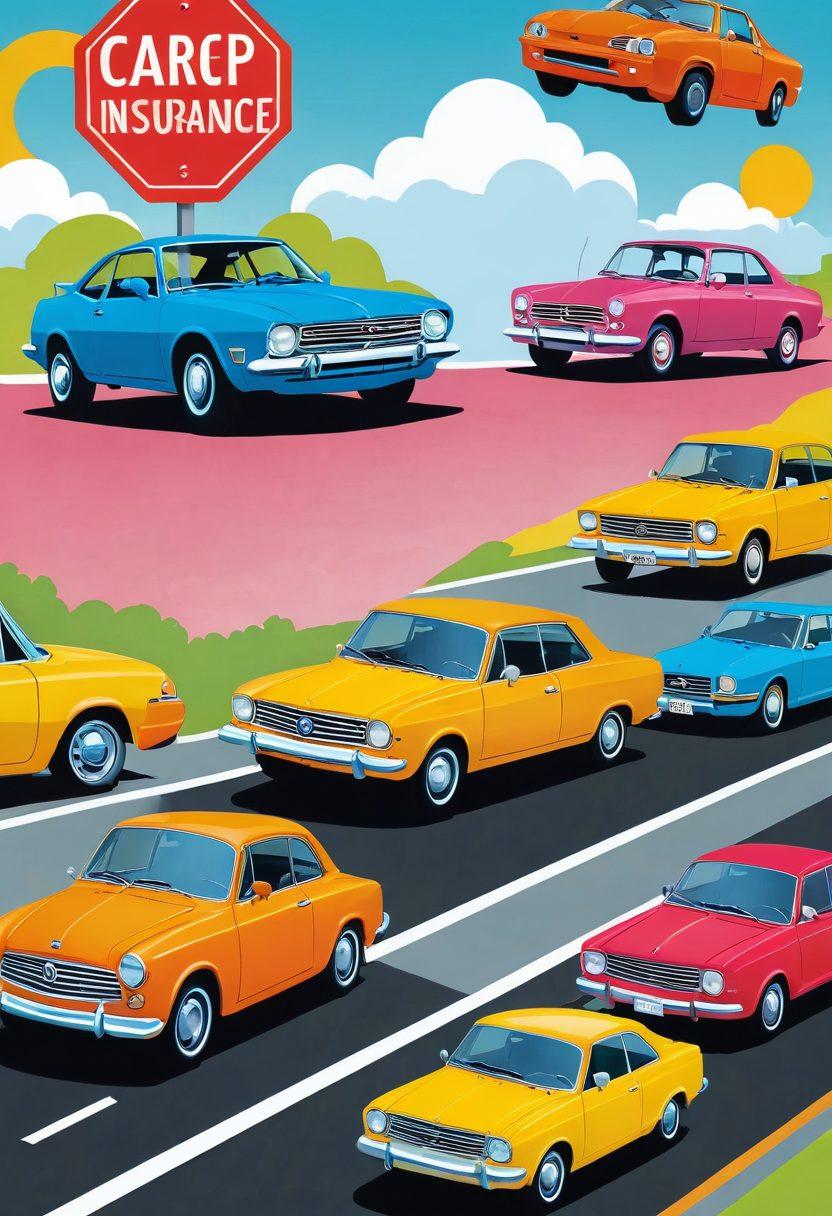 A collage of various car insurance options displayed on colorful flyers, with iconic symbols of savings like a piggy bank and dollar signs. Highlight key elements of affordability and safety using soft illustrations of diverse families happily driving their cars. Include a background of a sunny sky and a road sign indicating 'Savings Ahead.' Bright and welcoming colors that attract attention. vector art. vibrant colors. white background.