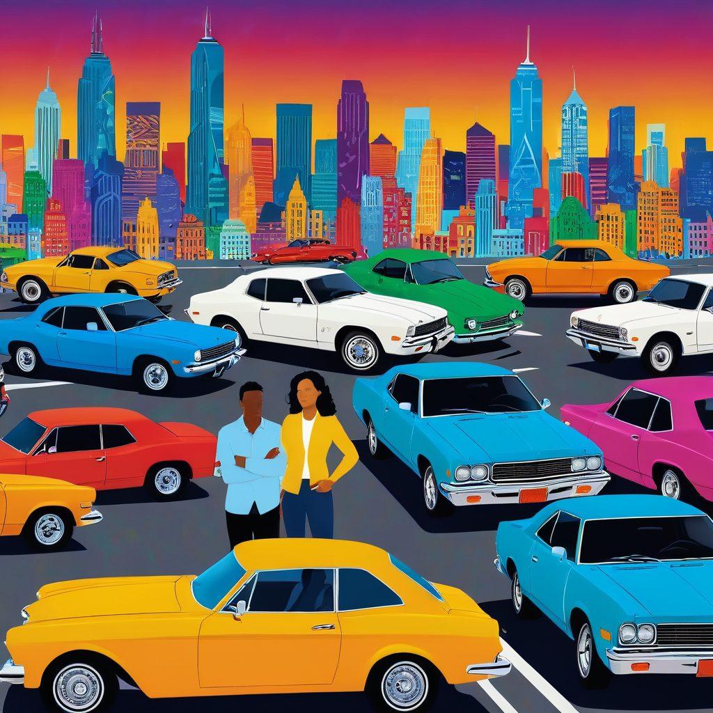 A confident individual consulting a large, colorful map filled with symbols of cars and dollar signs, standing in front of a diverse array of affordable automobiles. The backdrop features a sunny sky and a city skyline, symbolizing opportunity and exploration. The person is dressed casually, exuding a sense of ease and financial savvy. Bright colors and engaging visuals capture the essence of navigating auto coverage. vibrant colors. vector art.