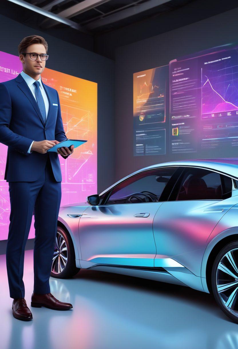 An automotive insurance expert standing next to a futuristic car, holding a large key symbolizing savings, with a backdrop of colorful graphs and charts representing vehicle coverage insights. The scene is infused with elements of digital technology, such as holographic displays showing various insurance options. Ensure the overall mood is optimistic and futuristic, with bright and engaging colors. hyper-realistic. vibrant colors. 3D.